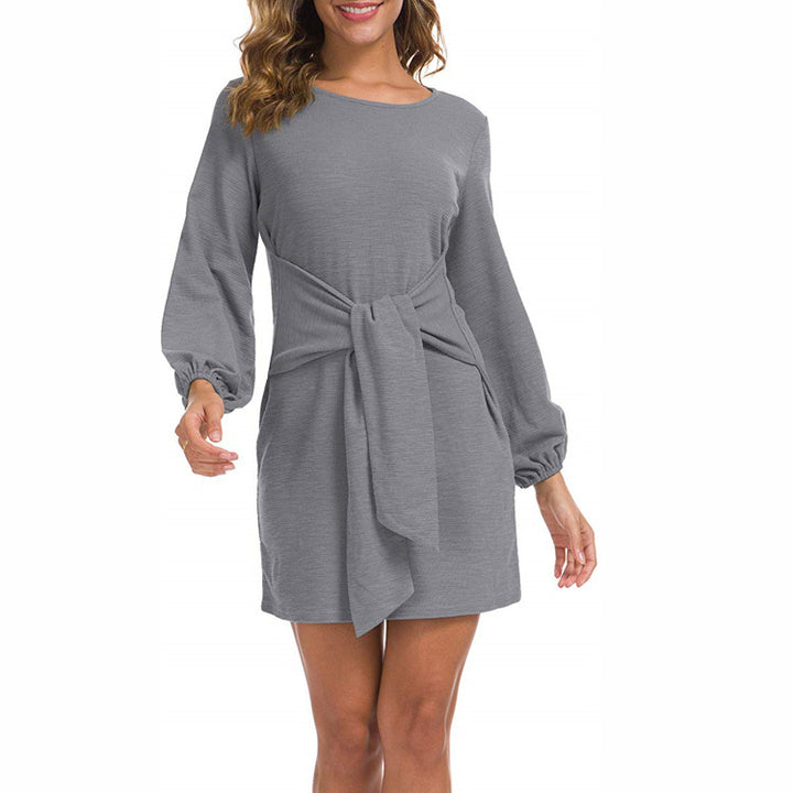 Womens Elegant Long Lantern Sleeve Short Dress Crewneck Tie Waist Knit Cocktail Dress Image 3