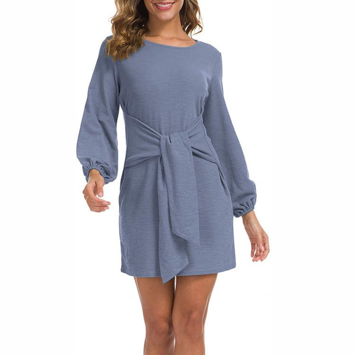 Womens Elegant Long Lantern Sleeve Short Dress Crewneck Tie Waist Knit Cocktail Dress Image 6