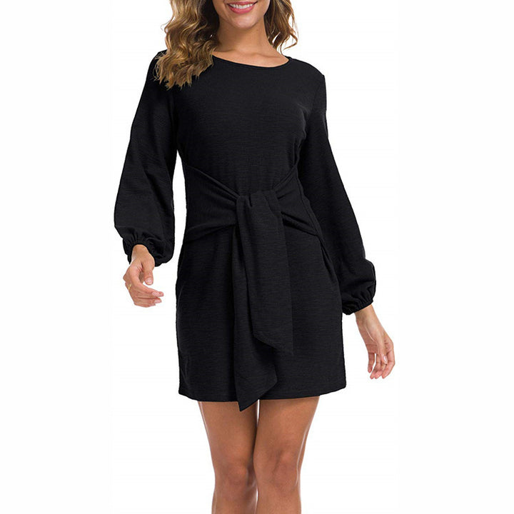 Womens Elegant Long Lantern Sleeve Short Dress Crewneck Tie Waist Knit Cocktail Dress Image 7