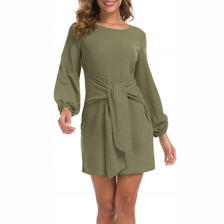 Womens Elegant Long Lantern Sleeve Short Dress Crewneck Tie Waist Knit Cocktail Dress Image 9