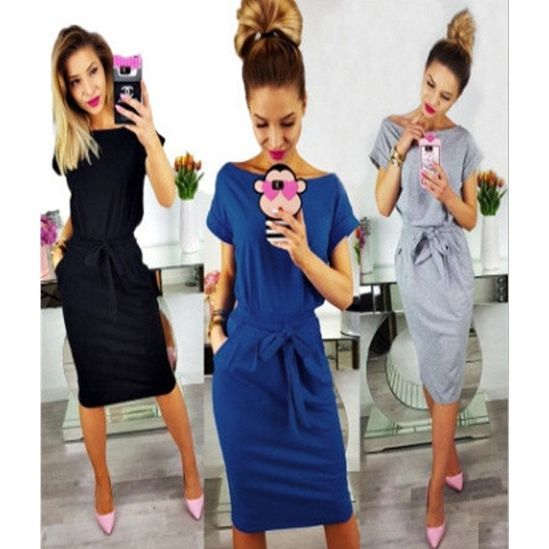 Womens Casual Long Sleeve Party Bodycon Sheath Belted Dress Image 1