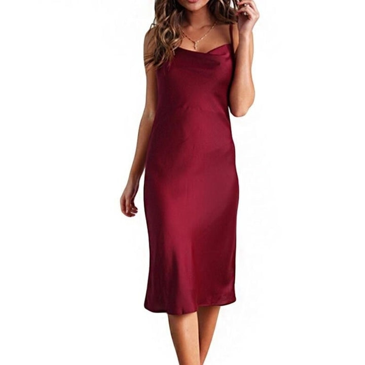 Womens Sleeveless Spaghetti Strap Satin Dress Image 4