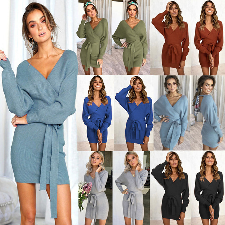 Womens Sexy Cocktail Batwing Long Sleeve Backless Mock Wrap Knit Sweater Mini Dress Image 1