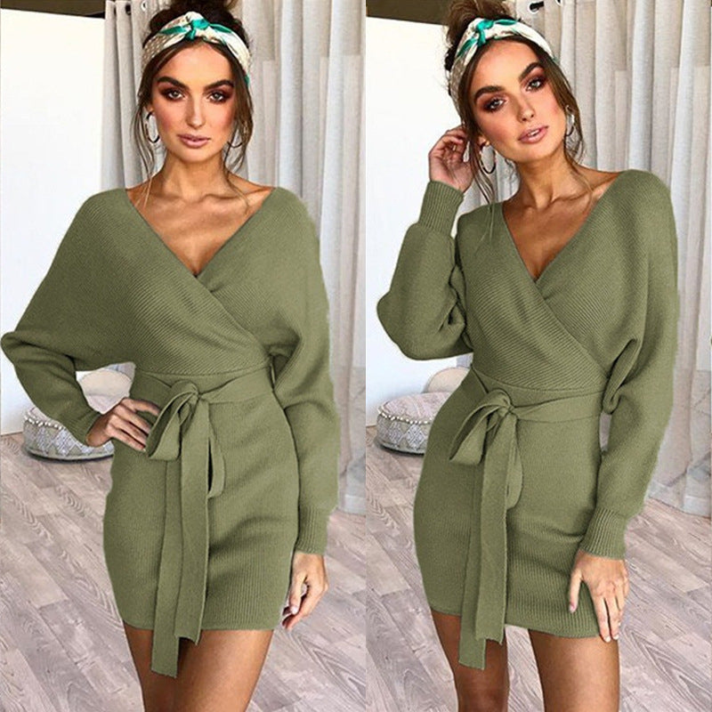 Womens Sexy Cocktail Batwing Long Sleeve Backless Mock Wrap Knit Sweater Mini Dress Image 2