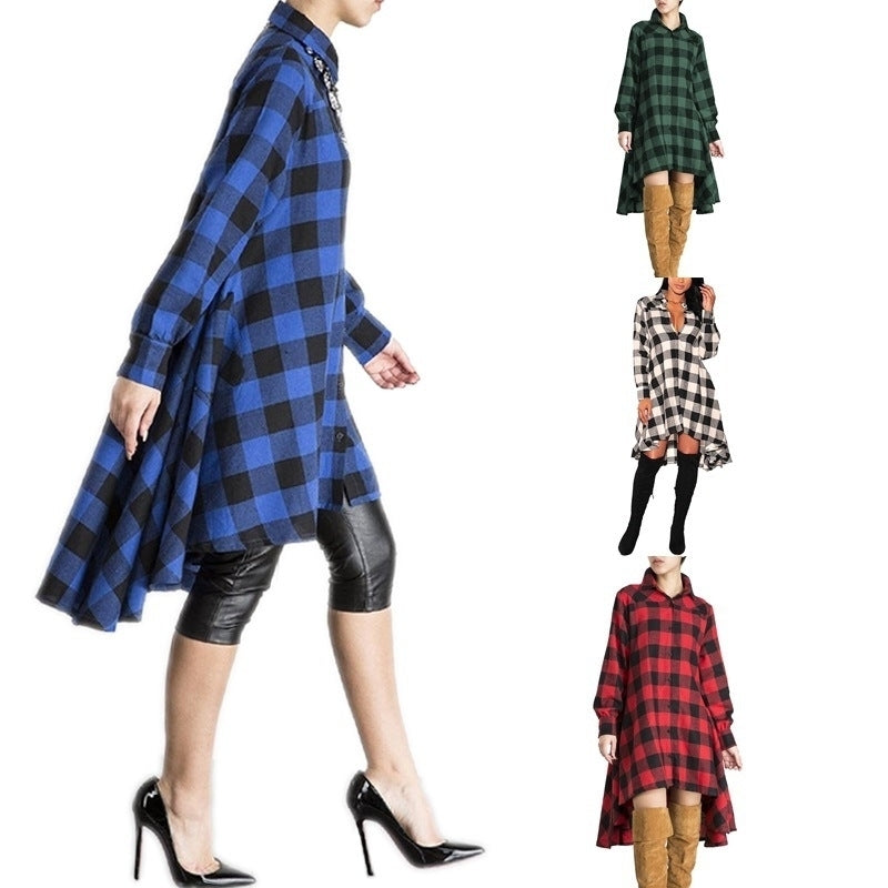 Womens Plaids Irregular Hem Casual Shirt Dress Image 1