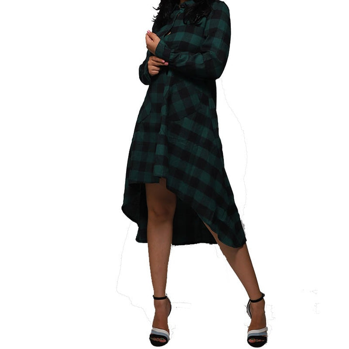 Womens Plaids Irregular Hem Casual Shirt Dress Image 3