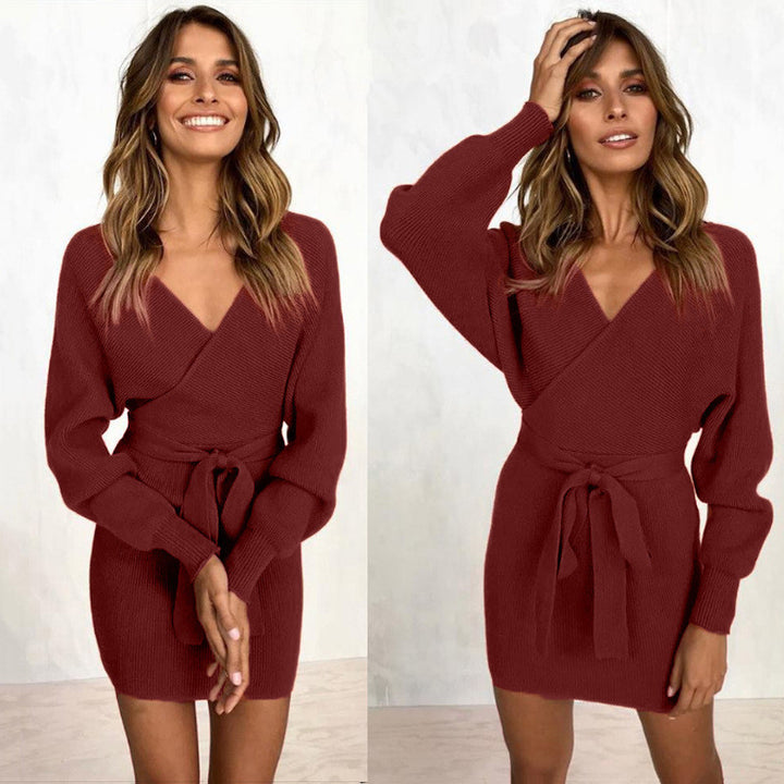 Womens Sexy Cocktail Batwing Long Sleeve Backless Mock Wrap Knit Sweater Mini Dress Image 7