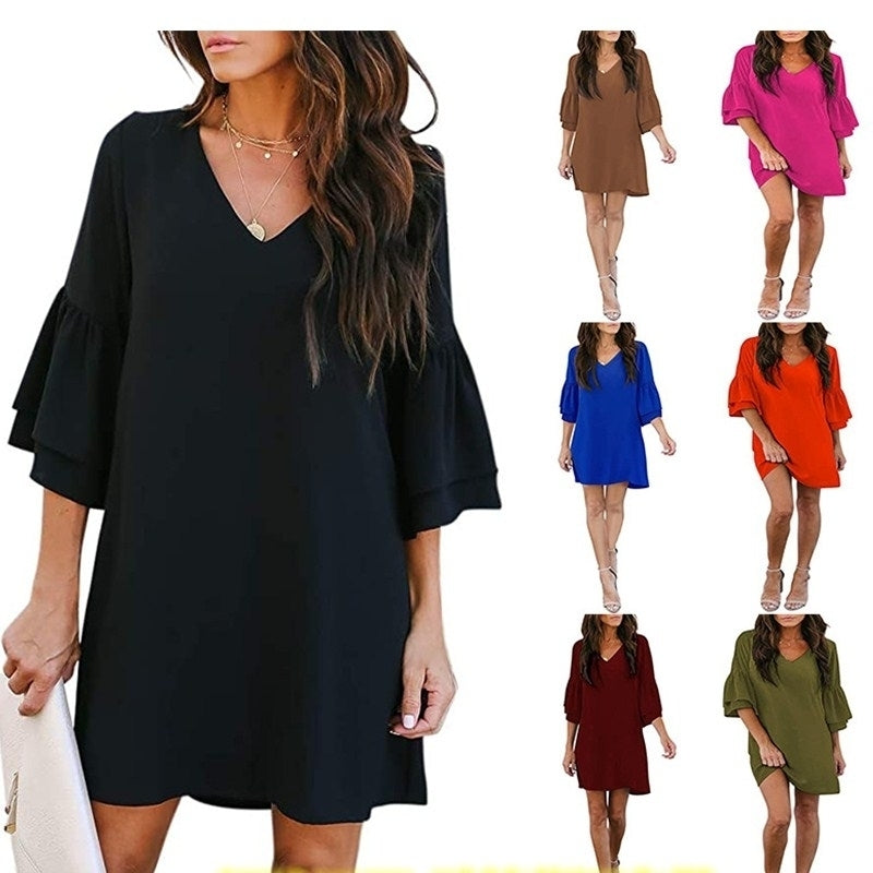 Womens Dress Sweet and Cute V-Neck Bell Sleeve Shift Dress Mini Dress Image 1