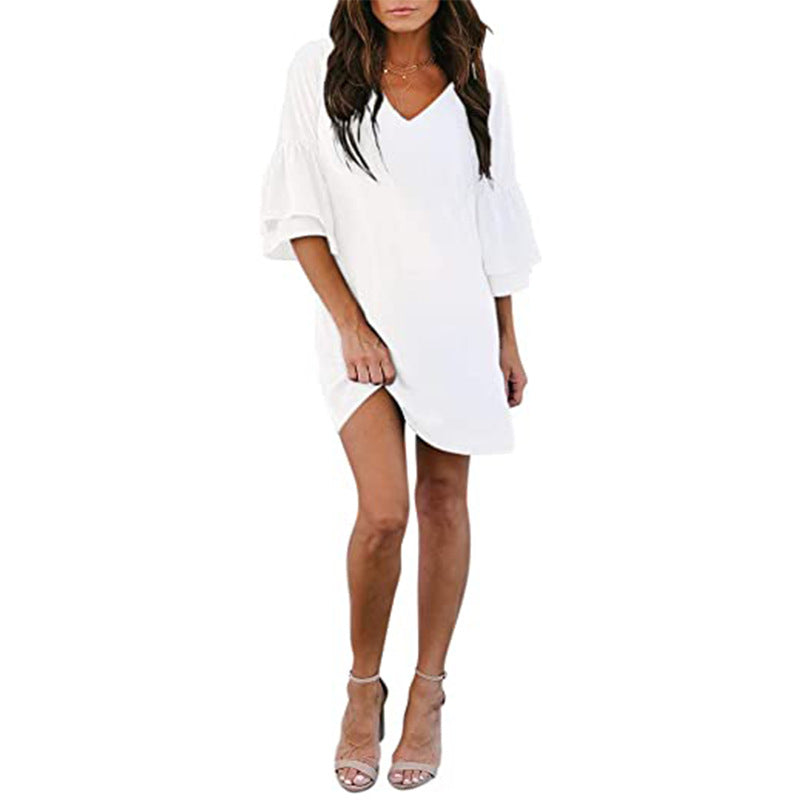 Womens Dress Sweet and Cute V-Neck Bell Sleeve Shift Dress Mini Dress Image 2