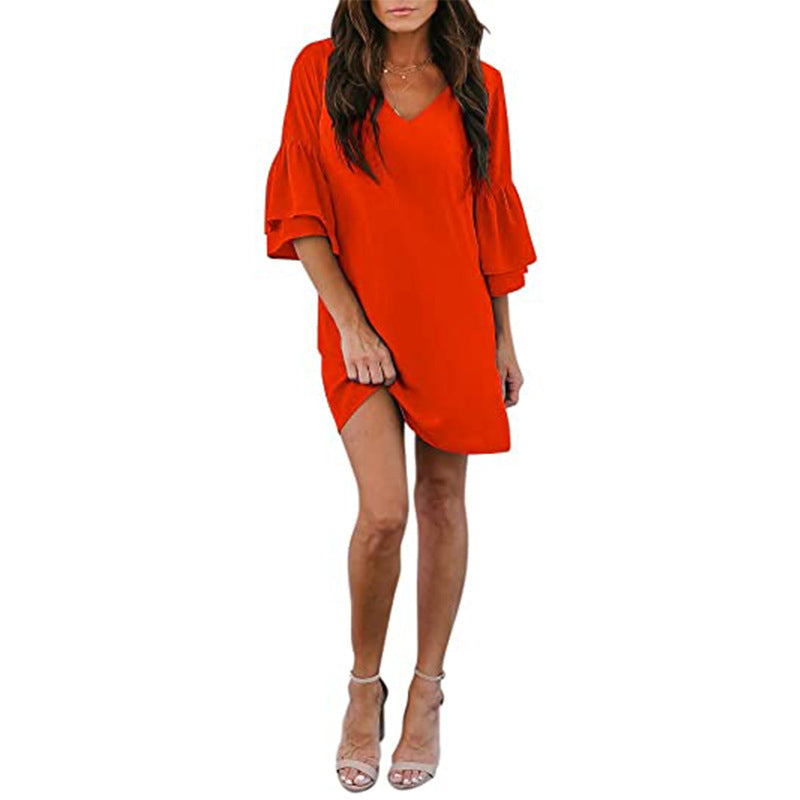 Womens Dress Sweet and Cute V-Neck Bell Sleeve Shift Dress Mini Dress Image 3