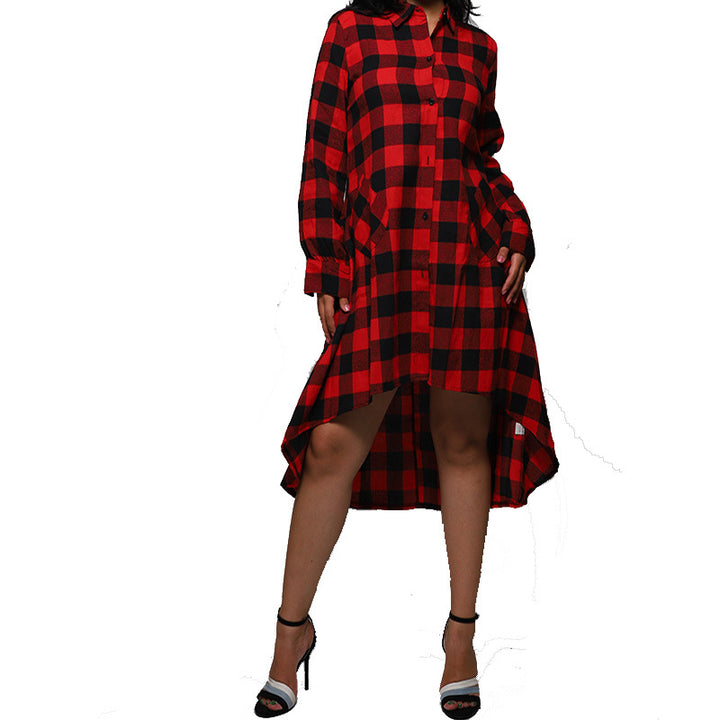 Womens Plaids Irregular Hem Casual Shirt Dress Image 6