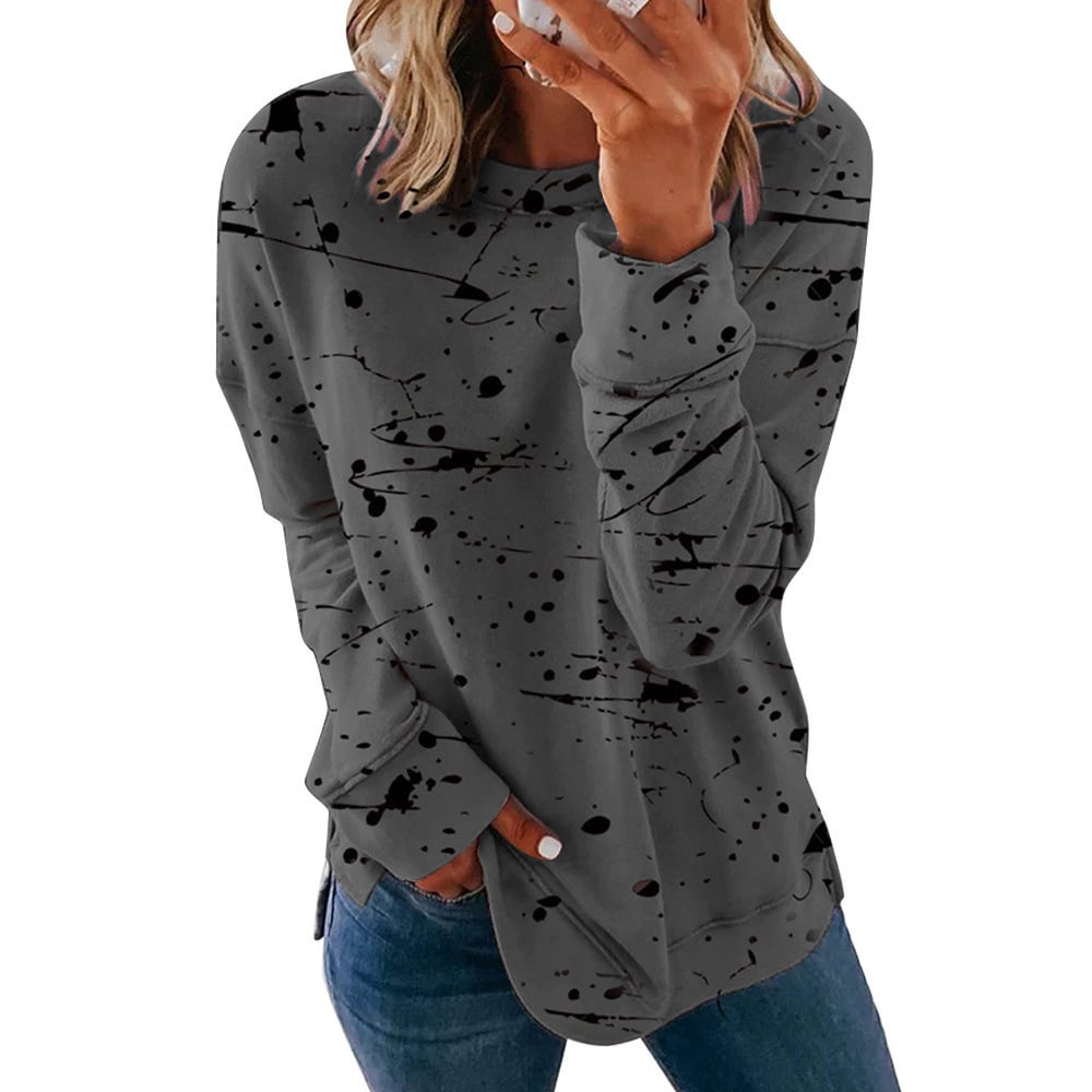 Womens Casual Crewneck Sweatshirt Long Sleeve Loose Side Split Pullover Tops Image 1