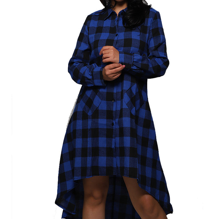 Womens Plaids Irregular Hem Casual Shirt Dress Image 7