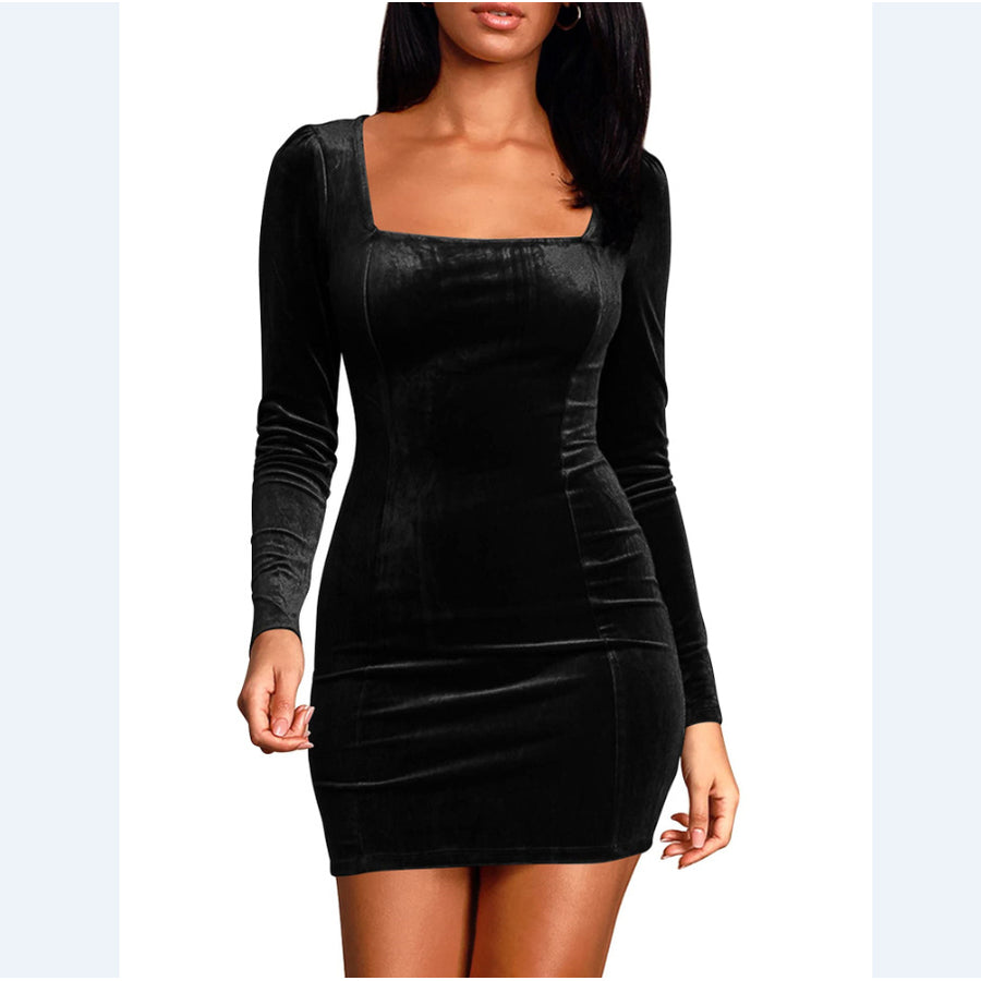 Womens Sexy Velvet Long Sleeve Bodycon Elegant Mini Party Dress Image 1