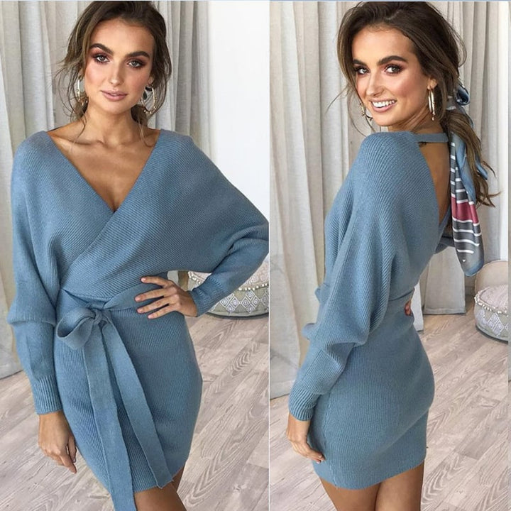 Womens Sexy Cocktail Batwing Long Sleeve Backless Mock Wrap Knit Sweater Mini Dress Image 1