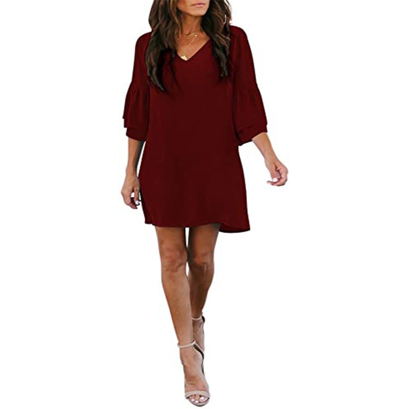 Womens Dress Sweet and Cute V-Neck Bell Sleeve Shift Dress Mini Dress Image 7