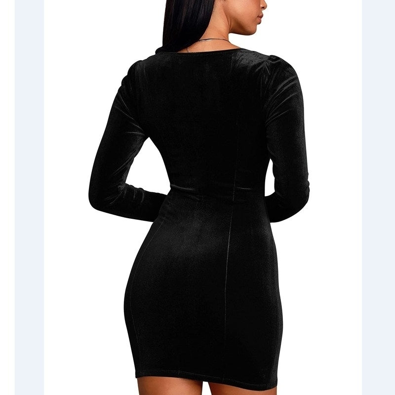 Womens Sexy Velvet Long Sleeve Bodycon Elegant Mini Party Dress Image 2