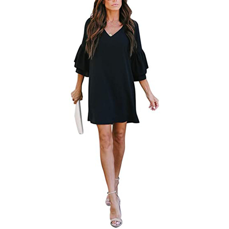 Womens Dress Sweet and Cute V-Neck Bell Sleeve Shift Dress Mini Dress Image 8