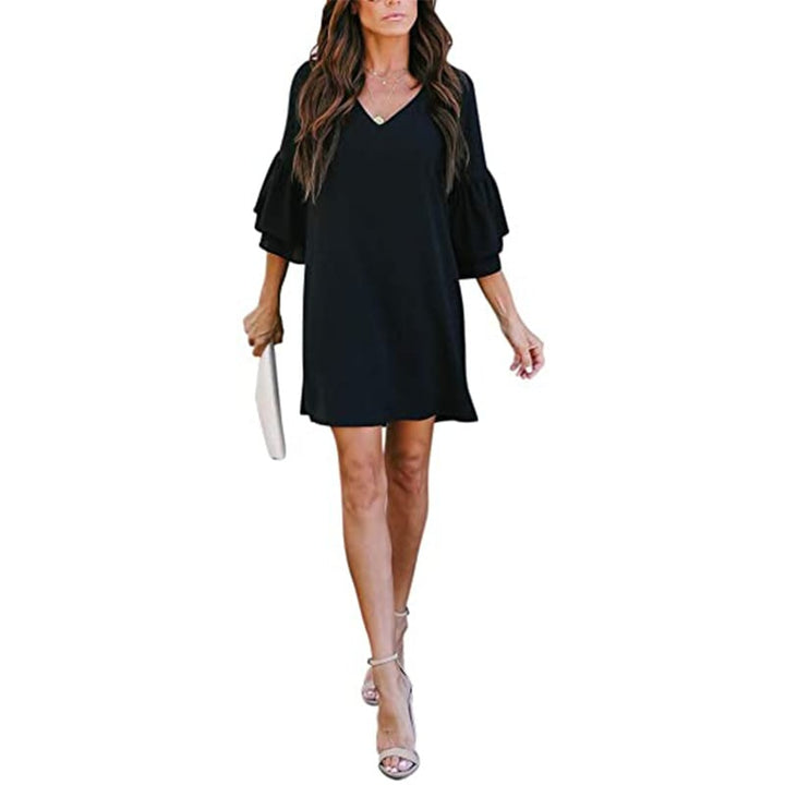 Womens Dress Sweet and Cute V-Neck Bell Sleeve Shift Dress Mini Dress Image 1