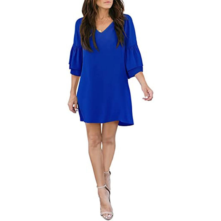 Womens Dress Sweet and Cute V-Neck Bell Sleeve Shift Dress Mini Dress Image 9