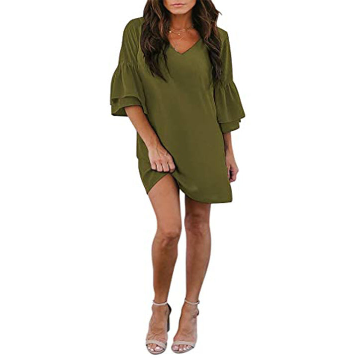 Womens Dress Sweet and Cute V-Neck Bell Sleeve Shift Dress Mini Dress Image 11