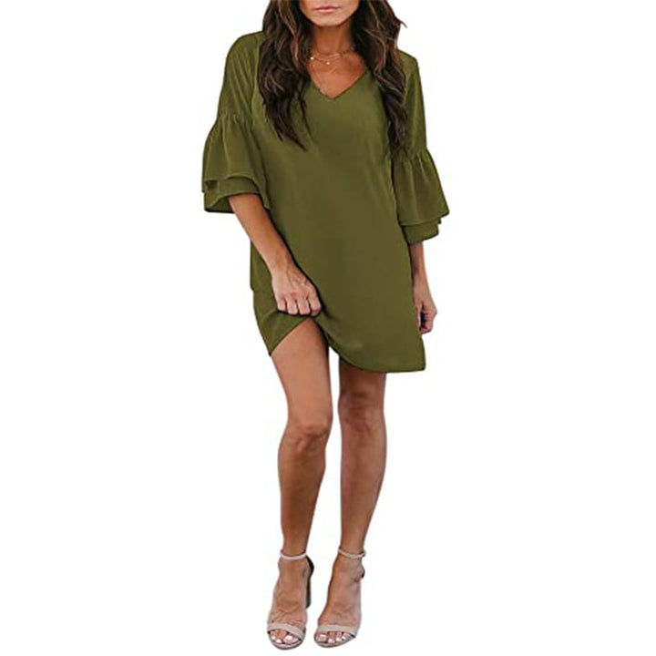 Womens Dress Sweet and Cute V-Neck Bell Sleeve Shift Dress Mini Dress Image 1