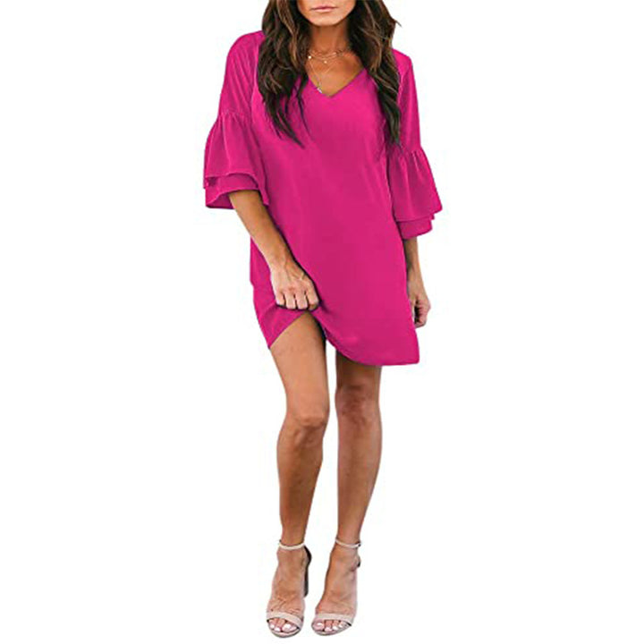 Womens Dress Sweet and Cute V-Neck Bell Sleeve Shift Dress Mini Dress Image 12