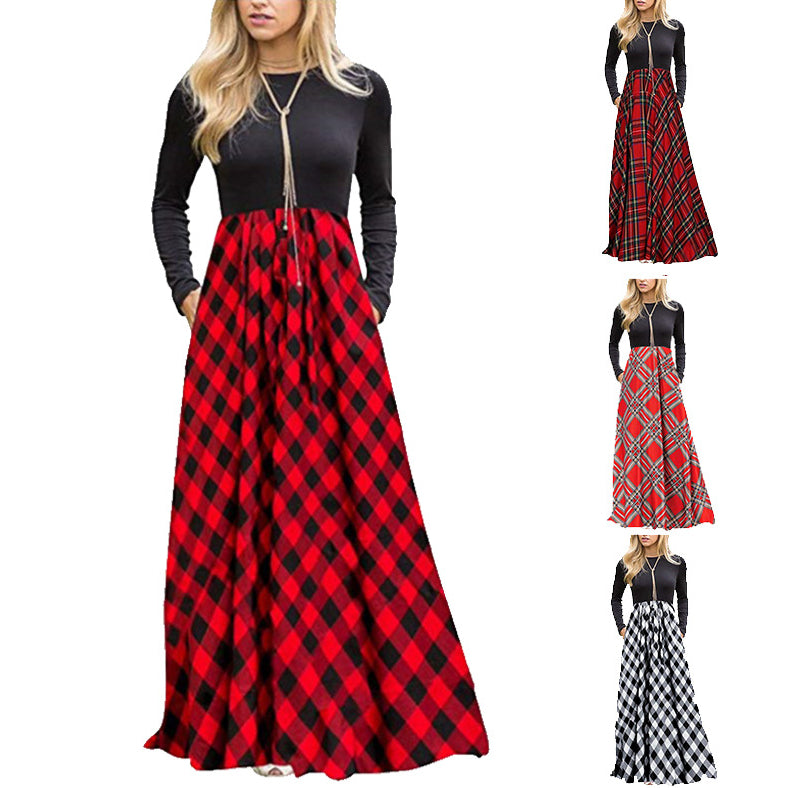 Womens Plaid Long Sleeve Empire Waist Full Length Maxi Dress Image 1