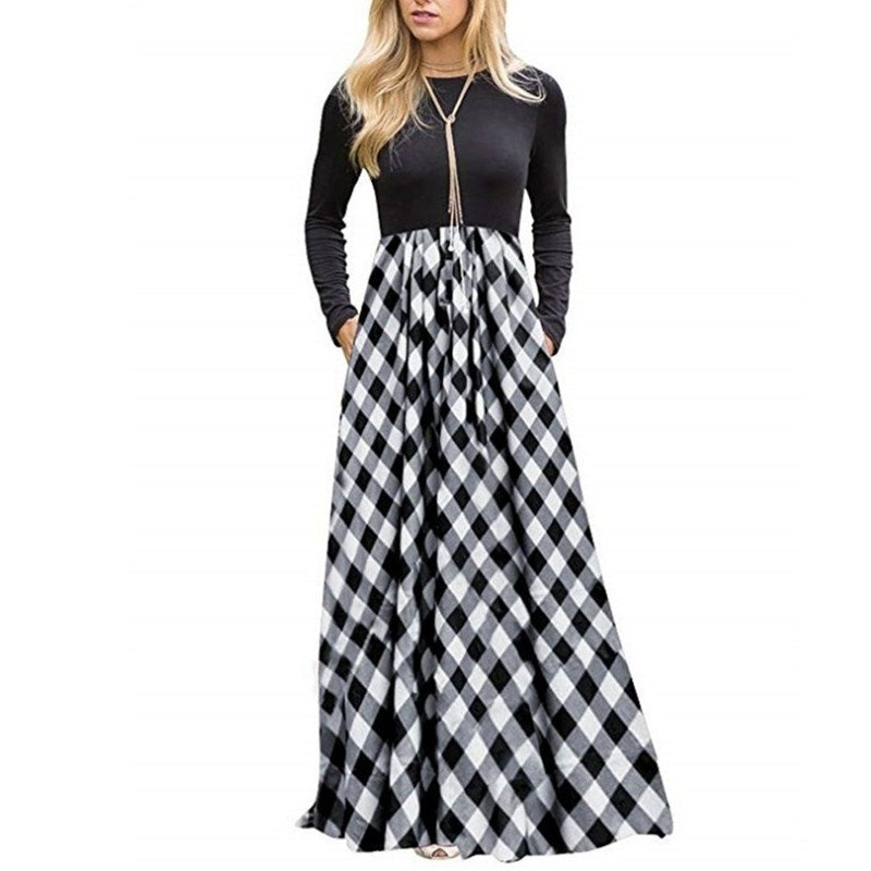 Womens Plaid Long Sleeve Empire Waist Full Length Maxi Dress Image 2