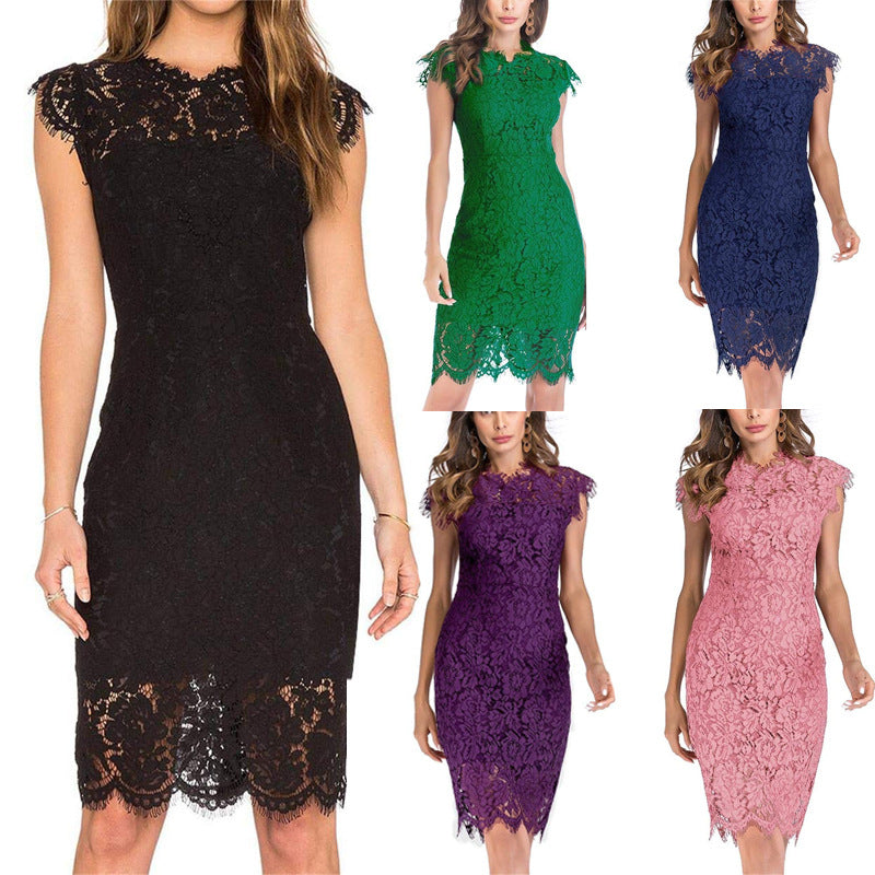 Womens Sleeveless Lace Floral Elegant Cocktail Dress Crew Neck Knee Length for Party Image 1