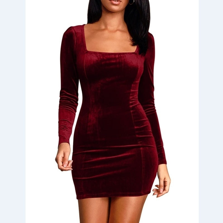 Womens Sexy Velvet Long Sleeve Bodycon Elegant Mini Party Dress Image 4