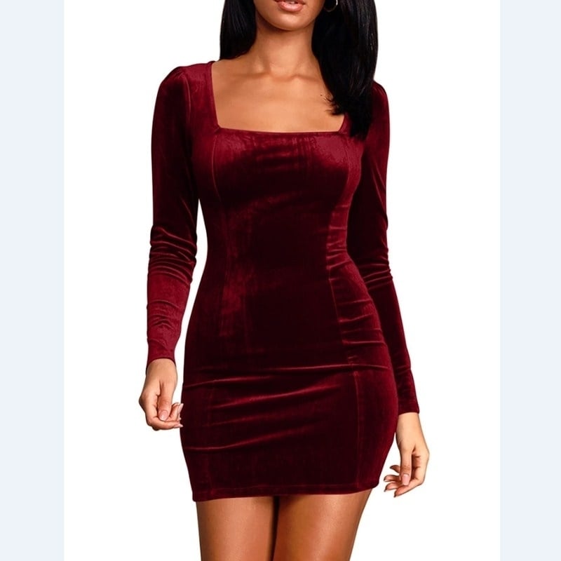 Womens Sexy Velvet Long Sleeve Bodycon Elegant Mini Party Dress Image 1