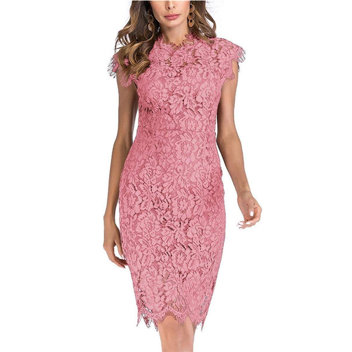 Womens Sleeveless Lace Floral Elegant Cocktail Dress Crew Neck Knee Length for Party Image 6