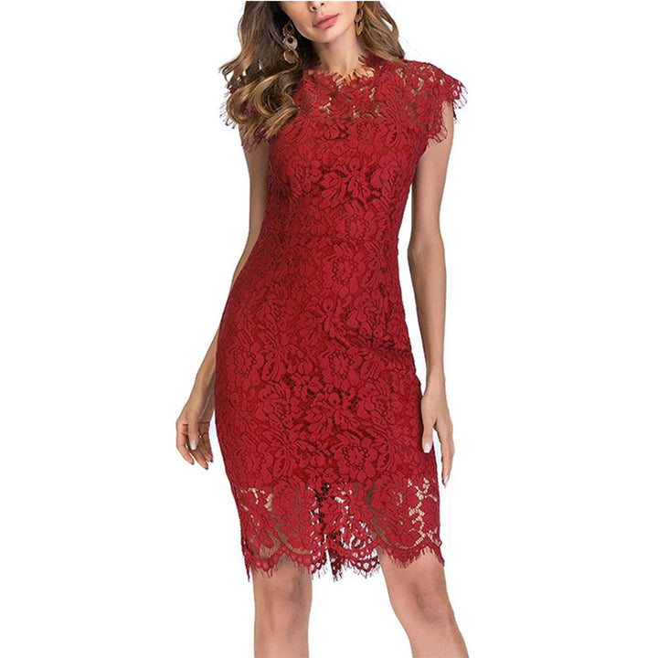 Womens Sleeveless Lace Floral Elegant Cocktail Dress Crew Neck Knee Length for Party Image 7