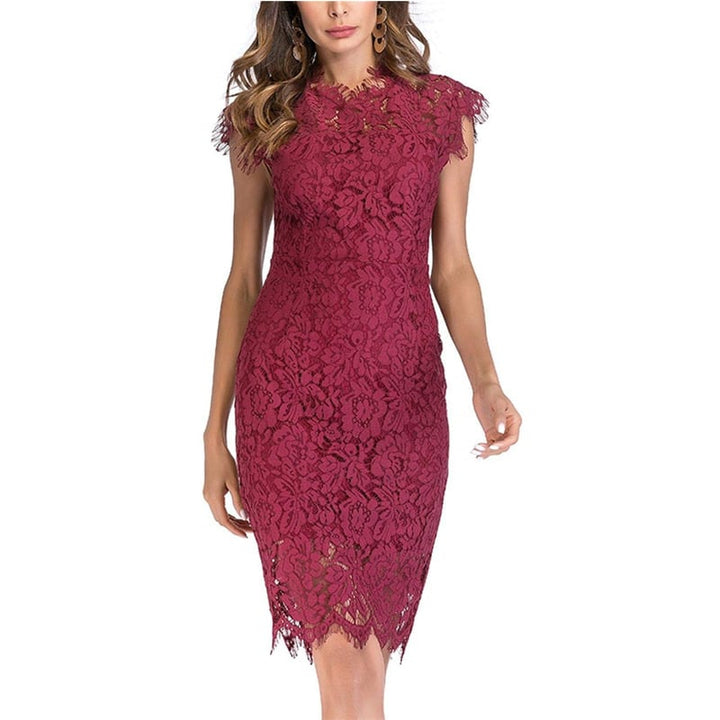 Womens Sleeveless Lace Floral Elegant Cocktail Dress Crew Neck Knee Length for Party Image 1