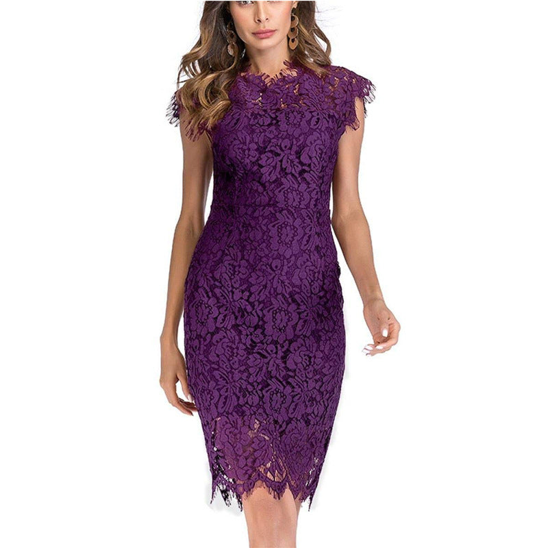 Womens Sleeveless Lace Floral Elegant Cocktail Dress Crew Neck Knee Length for Party Image 9