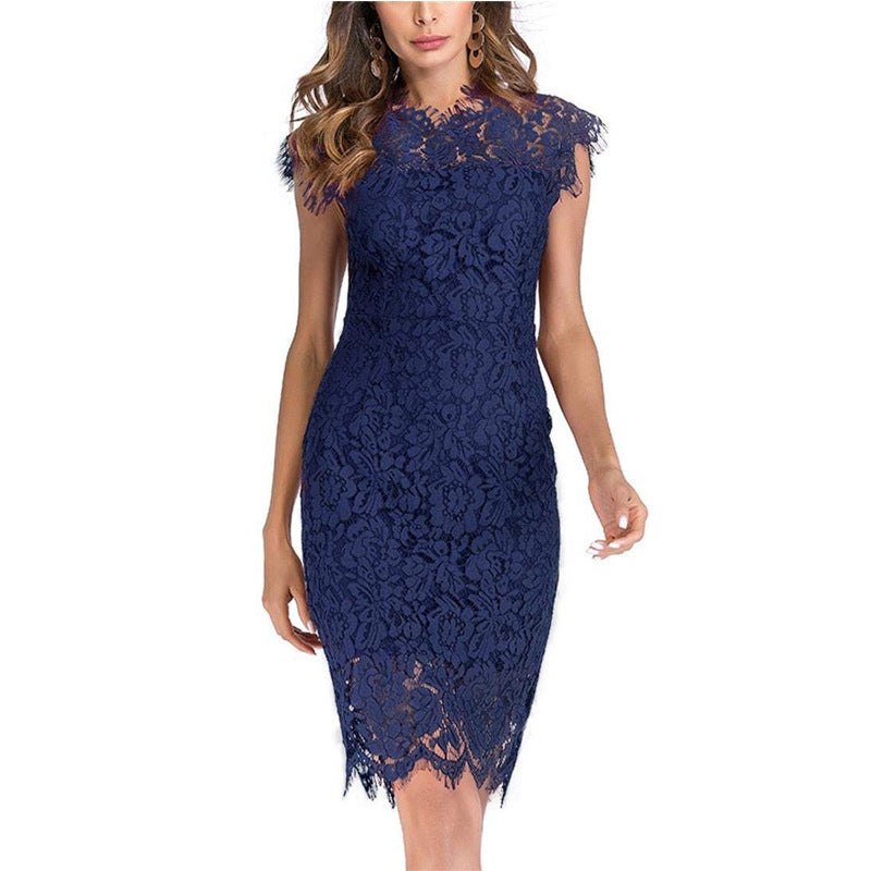 Womens Sleeveless Lace Floral Elegant Cocktail Dress Crew Neck Knee Length for Party Image 11