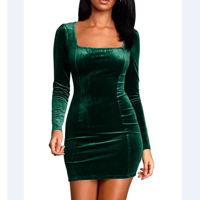 Womens Sexy Velvet Long Sleeve Bodycon Elegant Mini Party Dress Image 6