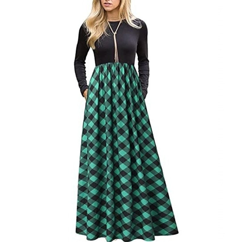 Womens Plaid Long Sleeve Empire Waist Full Length Maxi Dress Image 4