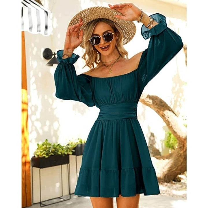 Women Tie Back Long Lantern Sleeve Square Neck Ruffle Dress Image 1