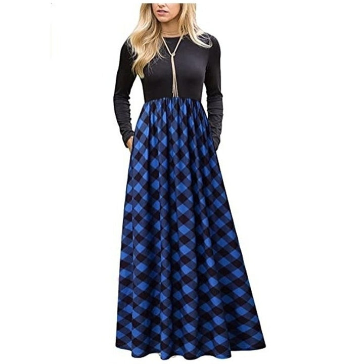 Womens Plaid Long Sleeve Empire Waist Full Length Maxi Dress Image 6