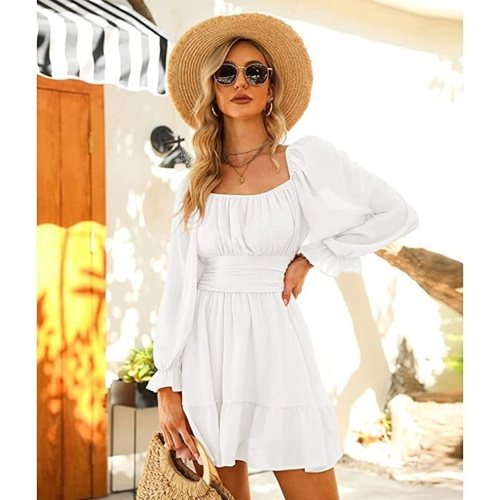 Women Tie Back Long Lantern Sleeve Square Neck Ruffle Dress Image 2