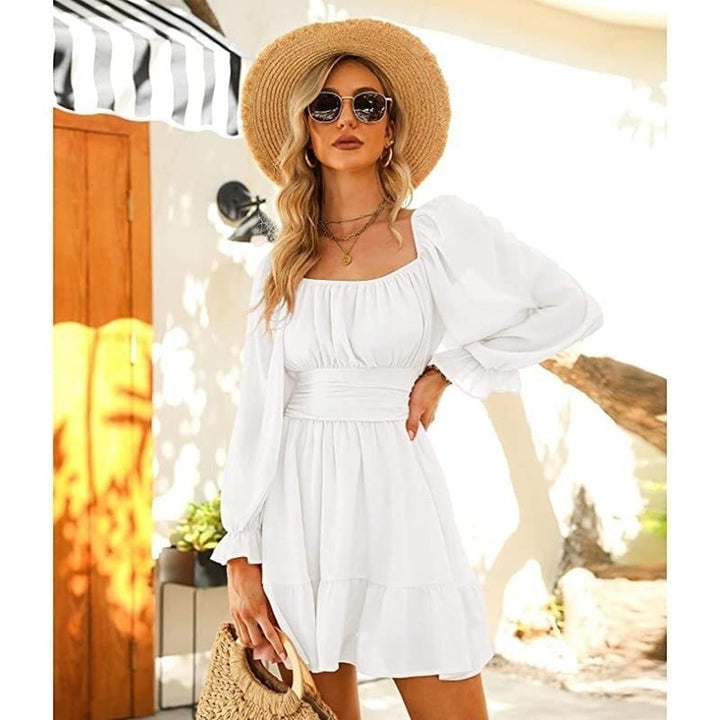 Women Tie Back Long Lantern Sleeve Square Neck Ruffle Dress Image 1