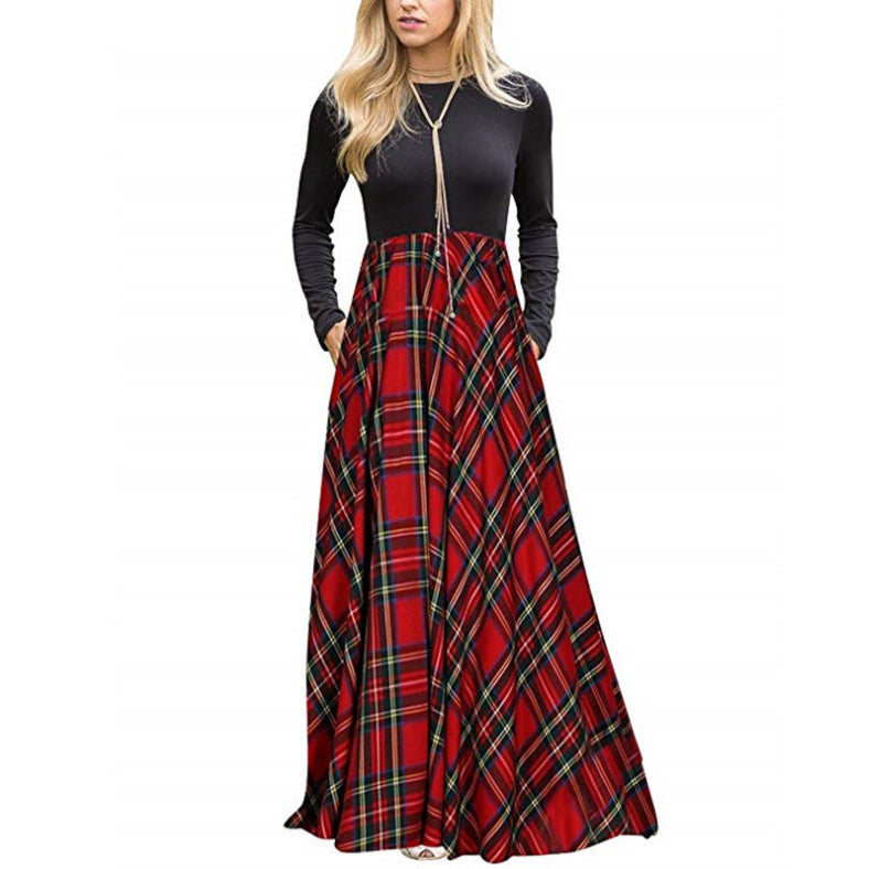 Womens Plaid Long Sleeve Empire Waist Full Length Maxi Dress Image 7