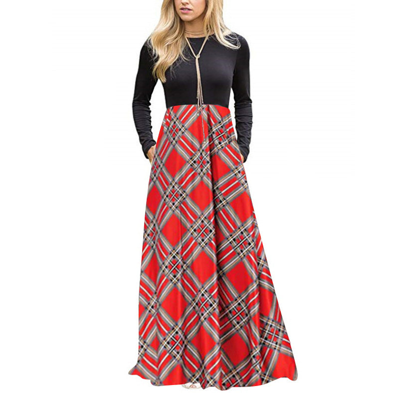 Womens Plaid Long Sleeve Empire Waist Full Length Maxi Dress Image 8