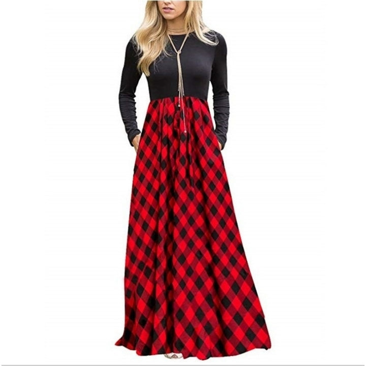 Womens Plaid Long Sleeve Empire Waist Full Length Maxi Dress Image 9