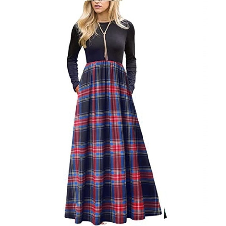 Womens Plaid Long Sleeve Empire Waist Full Length Maxi Dress Image 10