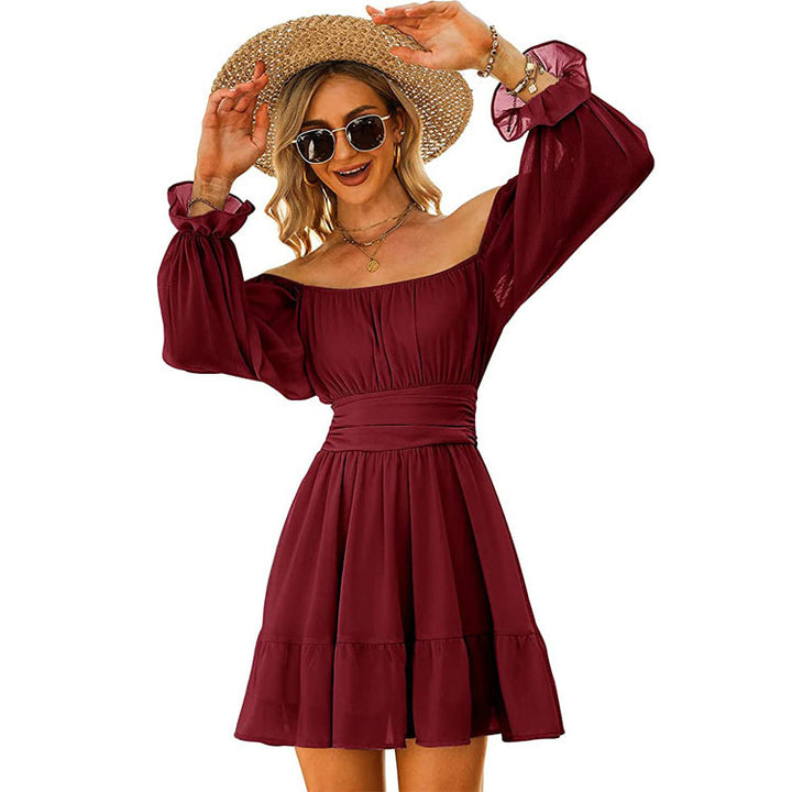 Women Tie Back Long Lantern Sleeve Square Neck Ruffle Dress Image 6