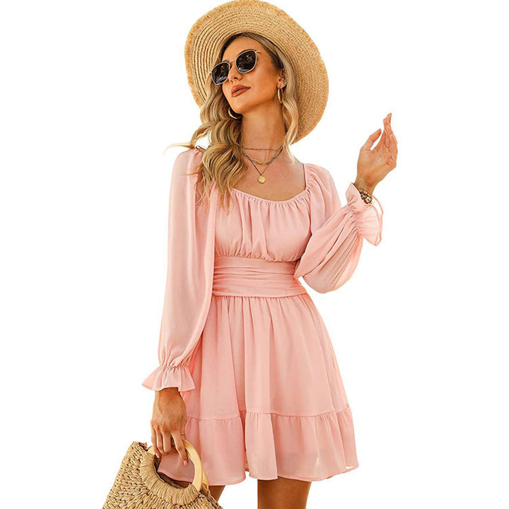 Women Tie Back Long Lantern Sleeve Square Neck Ruffle Dress Image 10