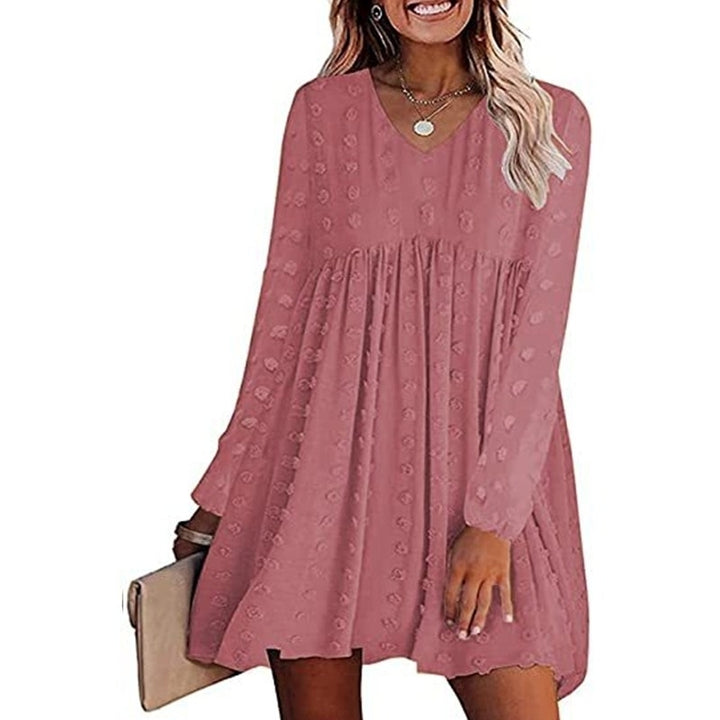 Womens V Neck Flowy Casual Swiss Dot Loose Fit Babydoll Dress Image 2